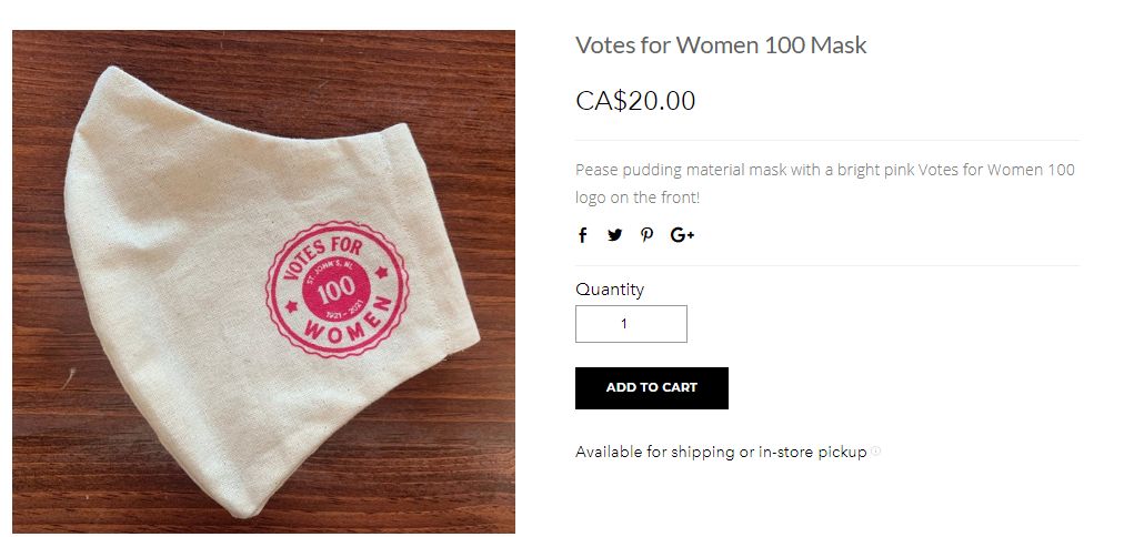 Non-medical face mask made of off-white pease pudding bag material, with bright pink Votes of Women 100 logo on the left side.